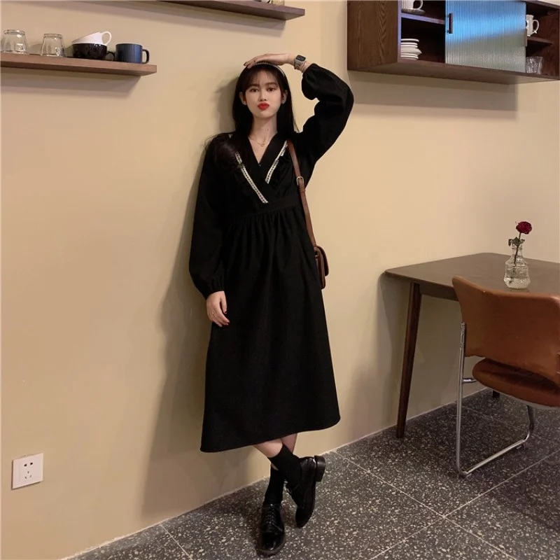 

Шикарное платье в стиле платикодон, женское осеннее платье выше колена, художественное черное студенческое платье