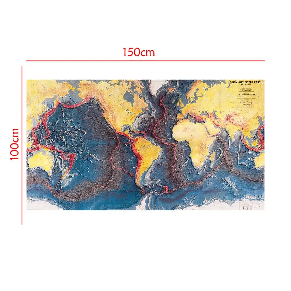 

Seismicity Of The Earth Map From 1960 to 1980 For Wall Decor Non-woven Maps Posters and Prints Home Office Canvas Painting