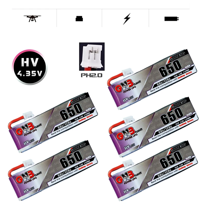 

5 шт. Gaoneng GNB 1S 4,35 в/3,8 в 650 мАч 60C/120C HV Lipo батарея PH2.0 разъем для Tinyhawk Snapper7 E010 M80S Tiny7 Beta85 Drone