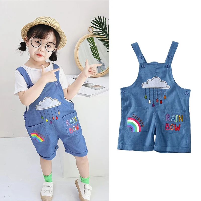 

2021Summer New Fashion Children's Clothing Boys And Girls Cute Cartoon Rainbow Cloud Print Denim Cotton Straight Overalls 1-7Y