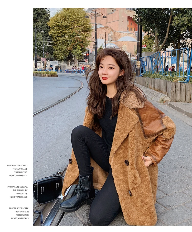 

Winter Coat Women Reto Street Faux Fur Splice Leather Loose Jacket Female Thick Warm Plus Size Lambwool Cotton-padded Jackets
