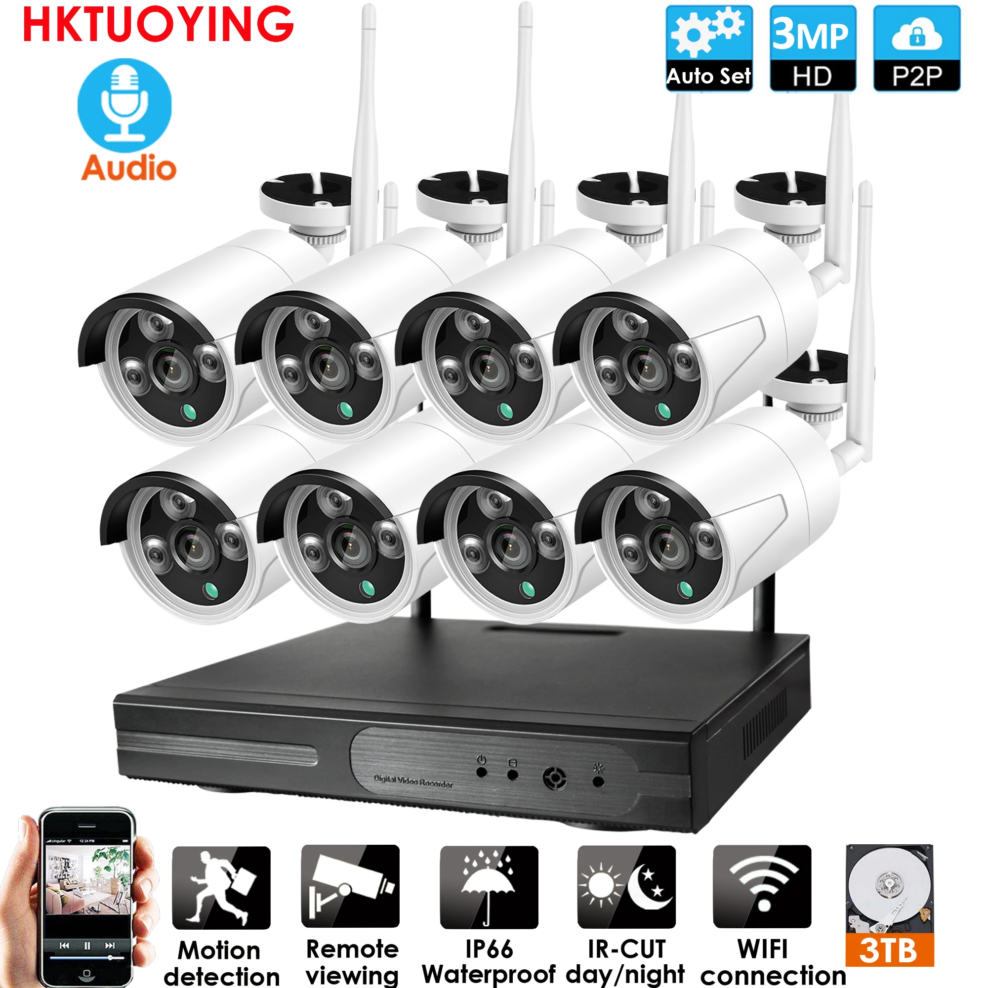 Беспроводная система видеонаблюдения 8 каналов 3 Мп NVR P2P Wi Fi IP 1080P|Система