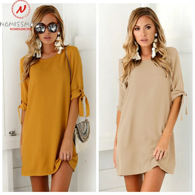 Женское свободное платье с круглым вырезом повседневное однотонное мини