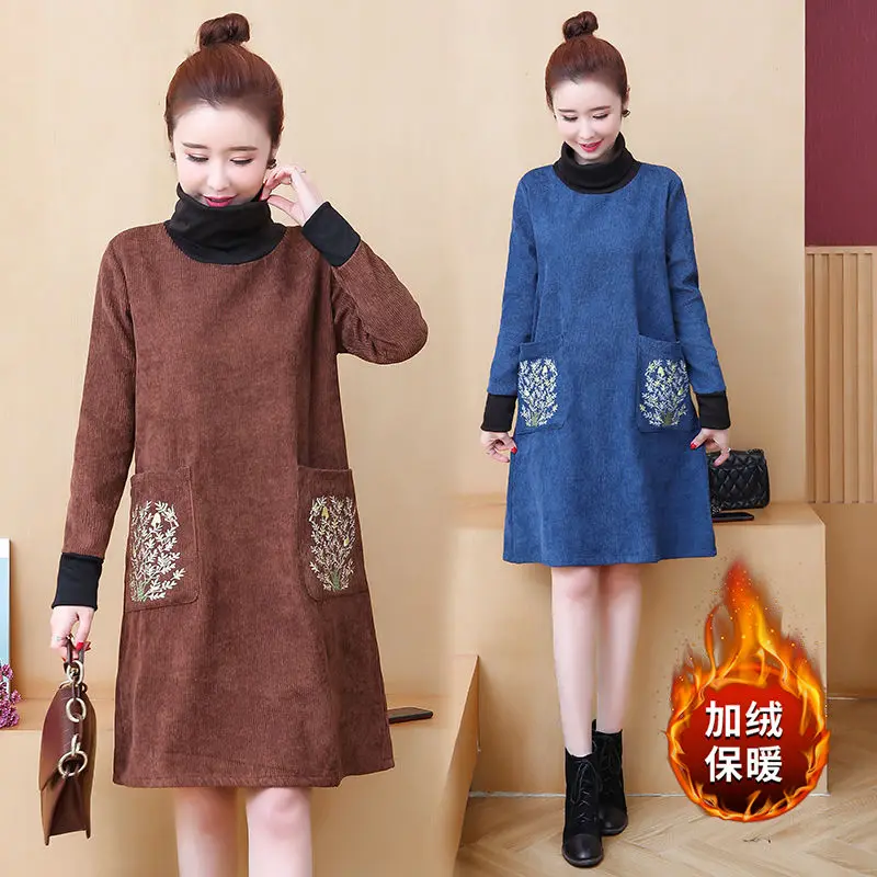 

021 Women Dress Winter Turtleneck Cotton Thick Lady Vestidos Female Clothes Loose Long Sleeve Dress Pocket Embroidery Oversize