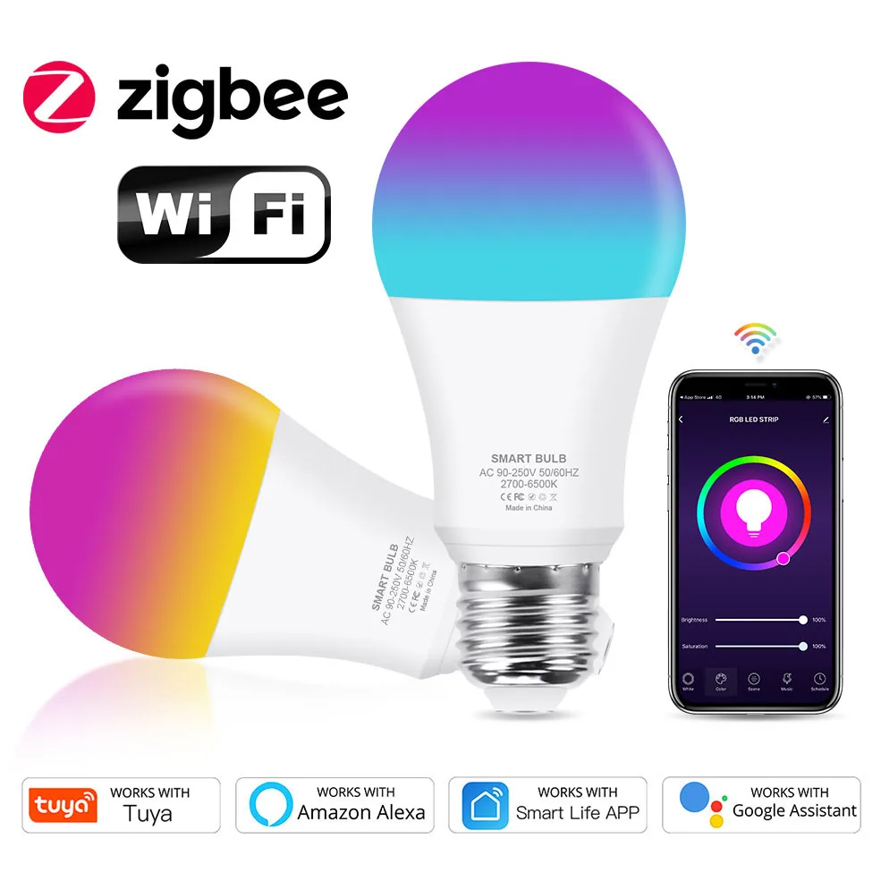 Умная светодиодсветильник лампа Zigbee 3 0 Tuya E27 Wi Fi RGBCW 12 Вт с регулировкой