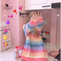 2021 spring women street style loose thin rainbow stripe sweatshirt pullover clothing fall cute tops sweatshirt school girl