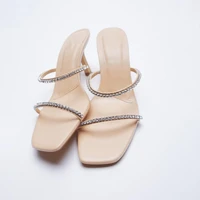 2021 summer new crystal high heel women sandals beige square toe slides slipper female