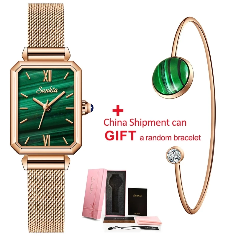 

SUNKTA ladies watch women top brand luxury retro malachite green fashion watch Women mesh belt ultra-thin waterproof quartz+Box