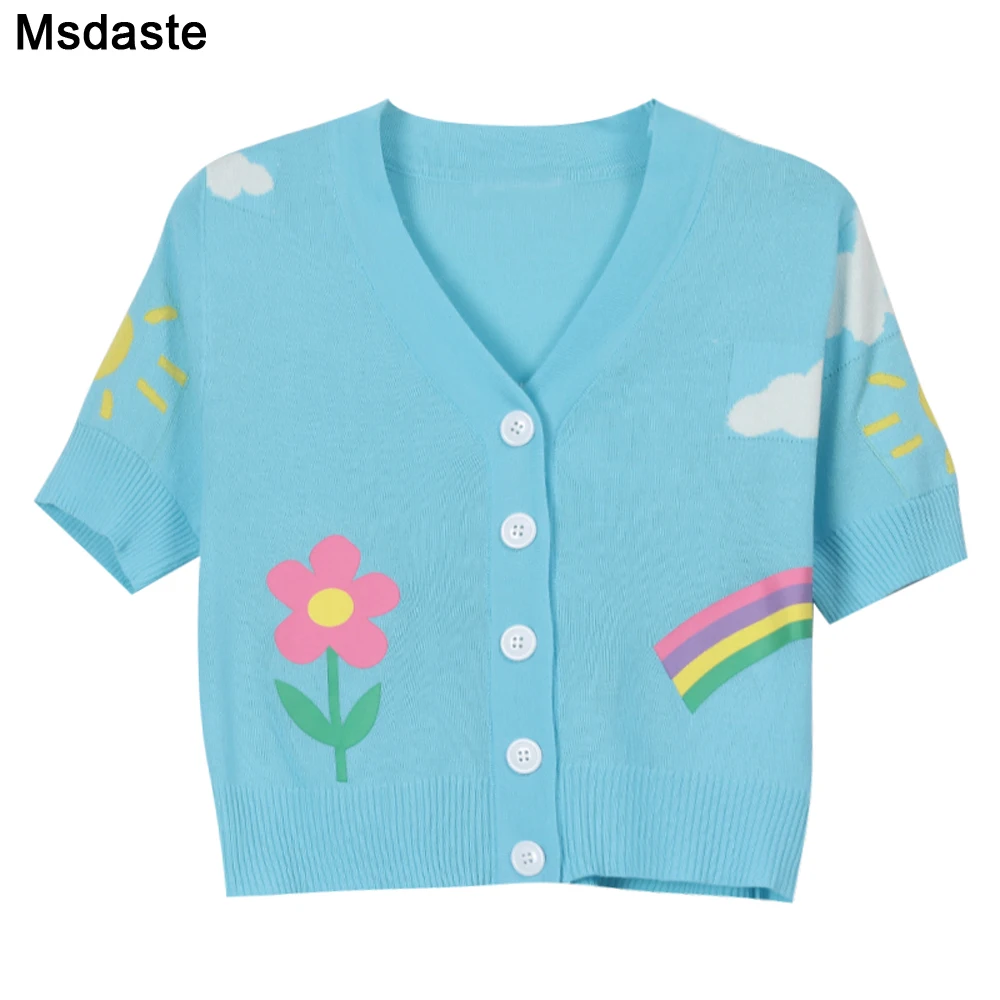 Женский вязаный кардиган с цветочным принтом свитер коротким рукавом и