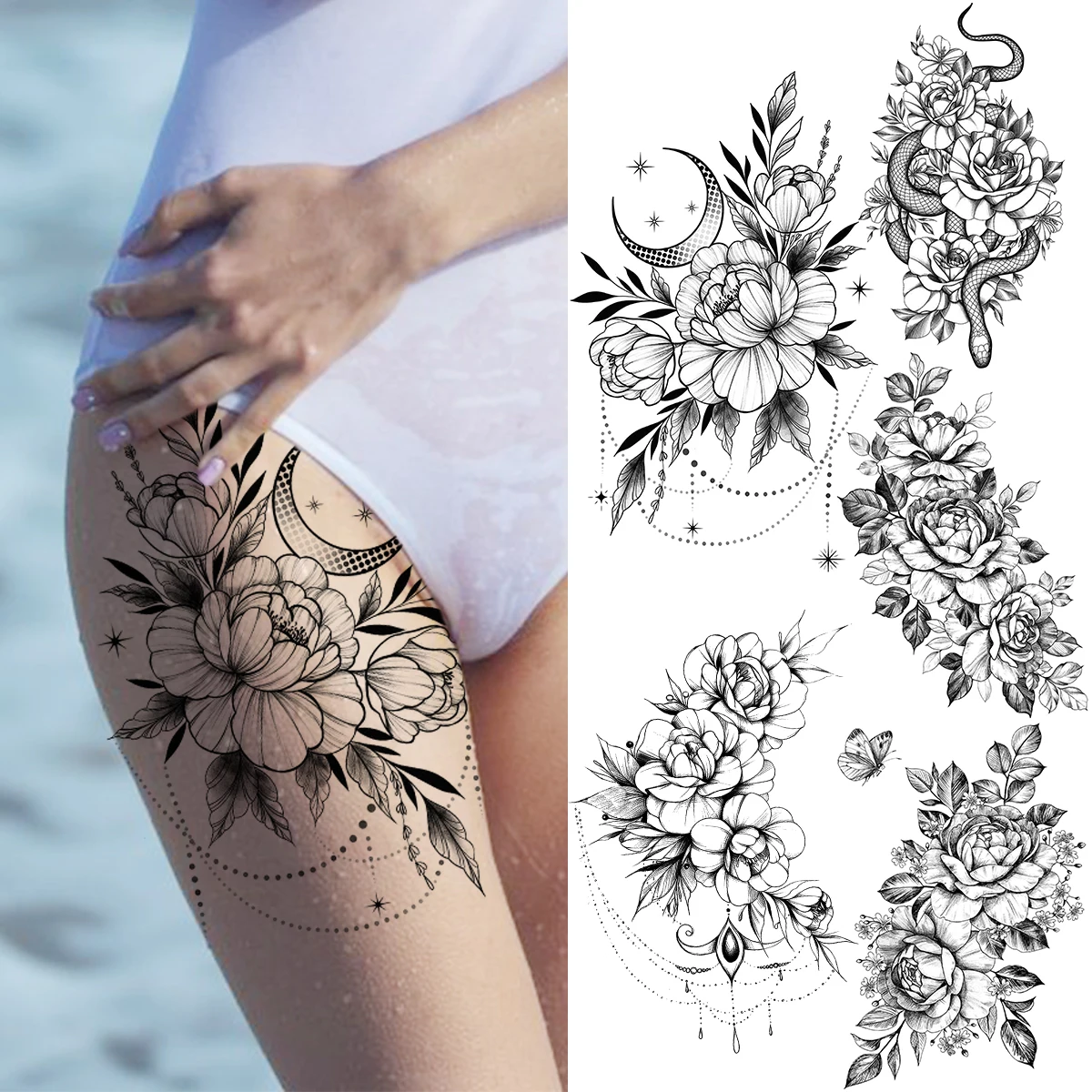 

3D Realistic Black Peony Flower Pendant Moon Temporary Tattoos For Women Adult Rose Snake Fake Tattoos Thigh Arm Tatoos Sticker