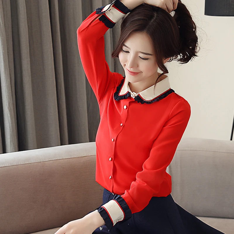 Женская шифоновая блузка с воротником Питер Пэн элегантная цветная длинным