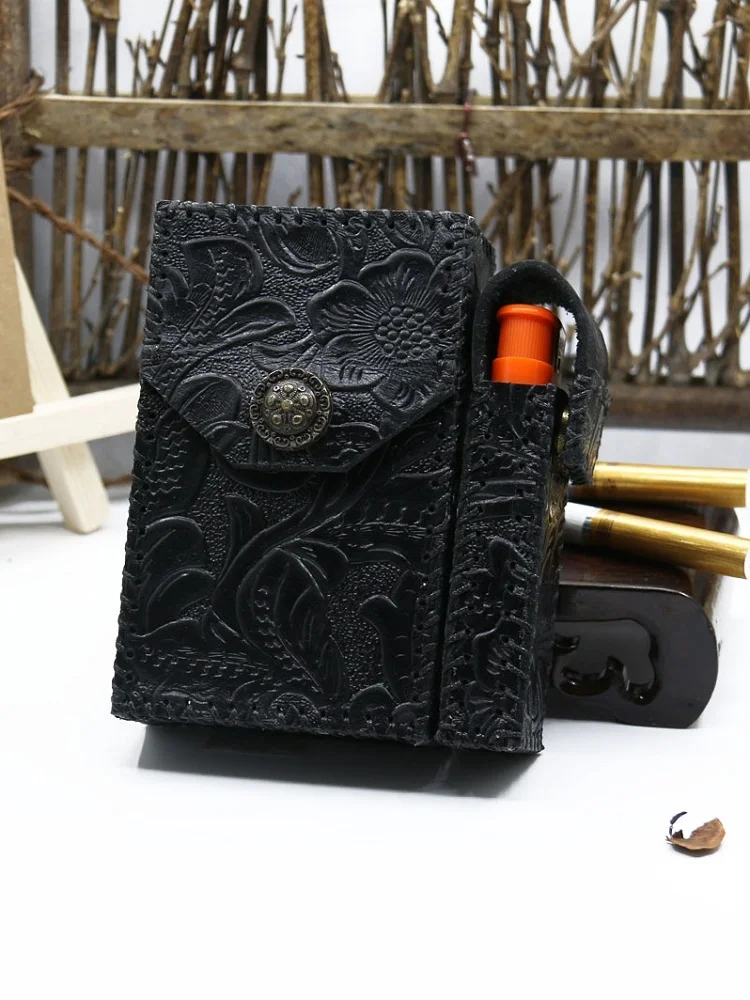 

Cowhide Cigarette Case With Detachable Lighter Set 20 Sticks Tang Grass Flower Leather Cigarettes Storage Box Gadgets For Men