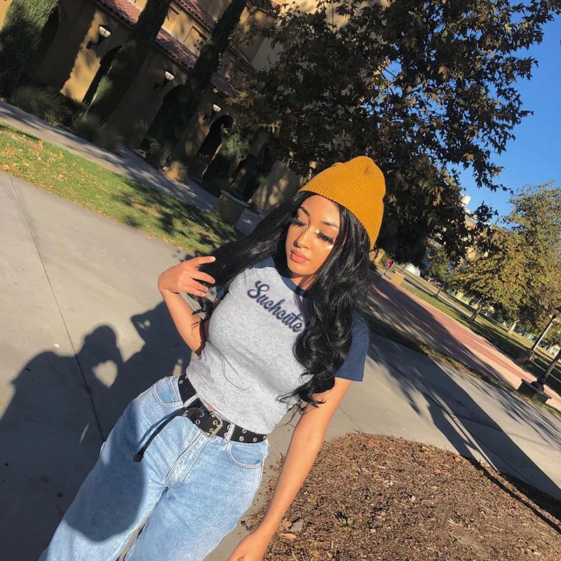 

New contrast color Raglan letter printed round neck short sleeve T-shirt Slim fit slimming all-matching women's wear top