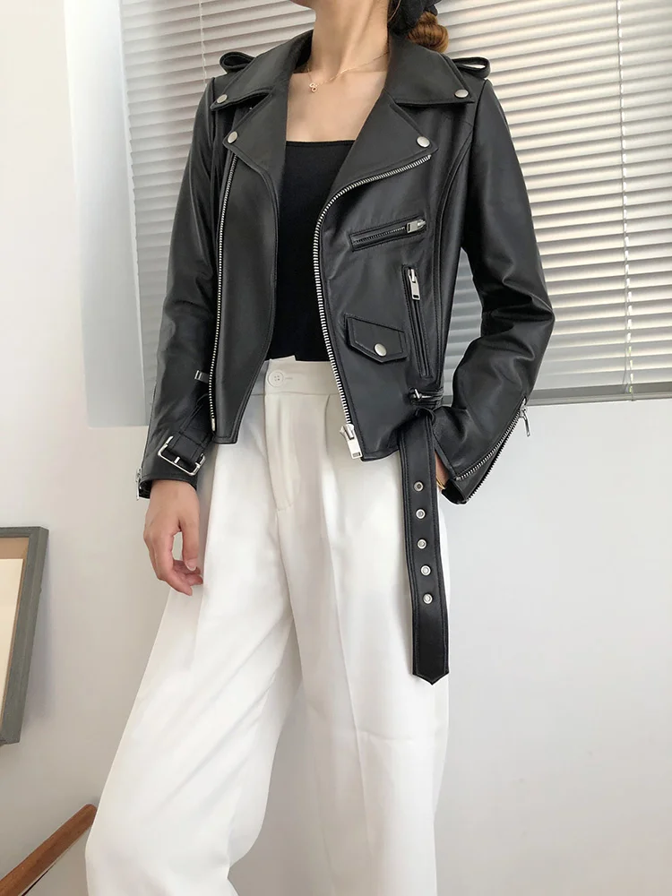 

Женская кожаная куртка с поясом, короткая приталенная мотоциклетная куртка из овечьей кожи, осень 2021