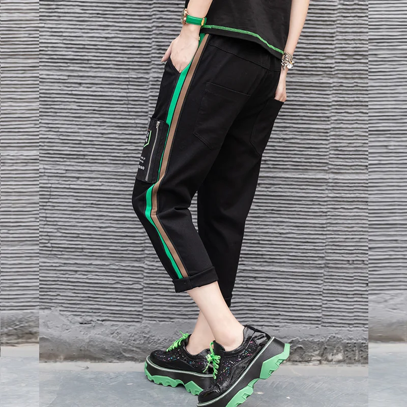 

Women Trendy Punk Gothic Grunge Harem Pants Sequin Side Stripe Hipsters Female Cropped Trousers Korean Streetwear Sweatpants