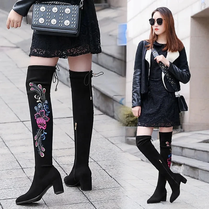 

Женские ботфорты из искусственной замши, черные сапоги до колена на высоком каблуке, модная женская обувь, новинка зимы 2021