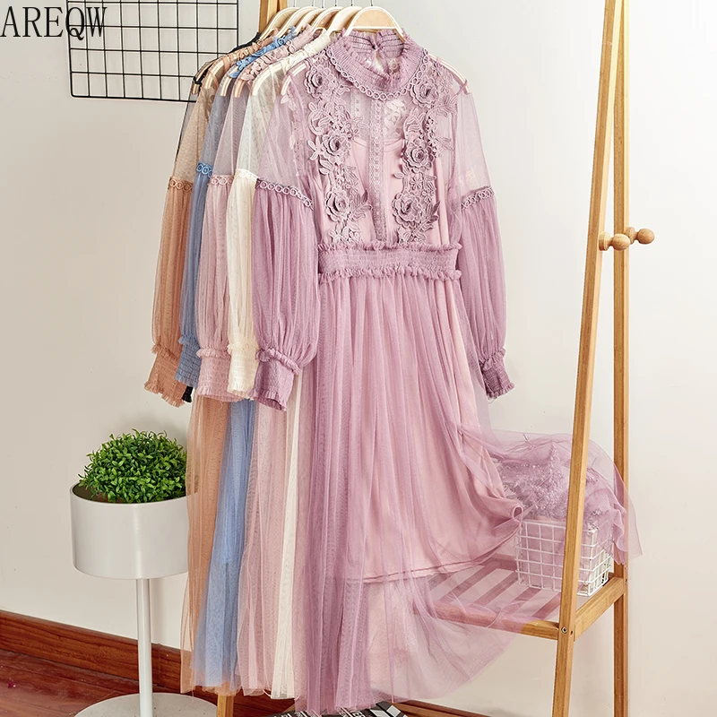 Кружевное газовое платье с цветочным узором и рукавами-фонариками для женщин 337