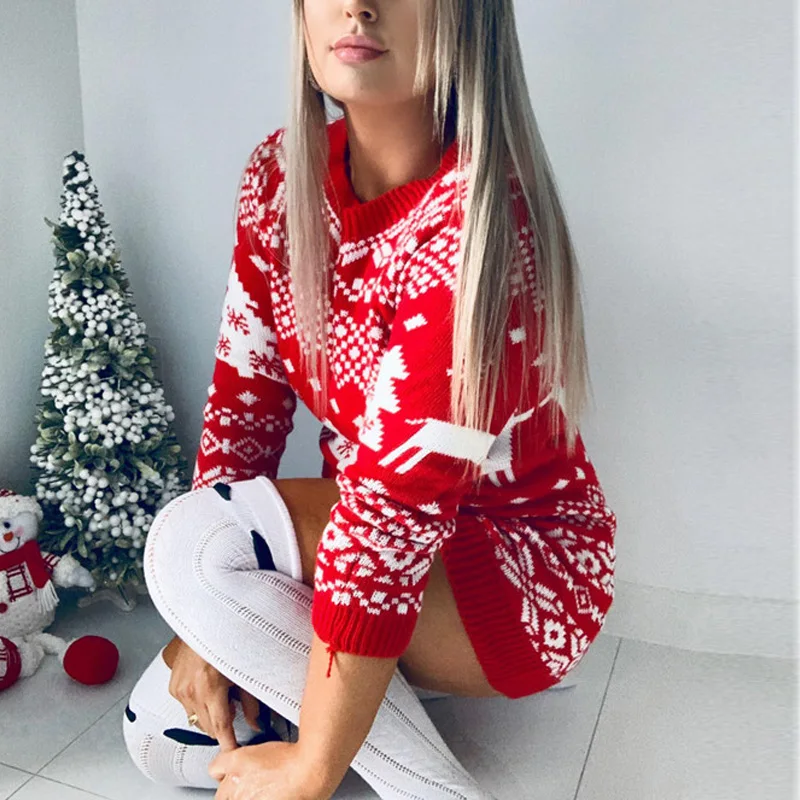 

New Women Fashion Autumn Winter O-Neck Long Sleeve Loose Christmas Dresses Ladies Christmas Print A-line Mini Dress 2020