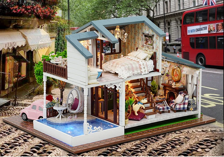 Muñeca casa miniatura DIY casa de muñecas con muebles de casa de madera juguetes para niños Regalo de Cumpleaños A066