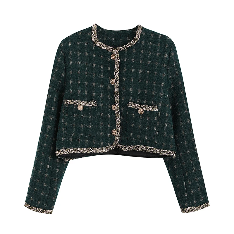 

Vintage Womens Short Tweed Jacket Loose Plaid Spliced Button Pockets O-Neck Single Breasted Weave Fashion Atmosphere Tweed Coat