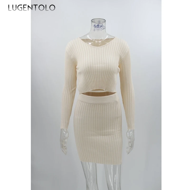 

Knitted Two Piece Set Women Sexy Slim Long Sleeve Round Neck Solid Color Elastic Waist Pullover Skirt and Top Set Lugentolo