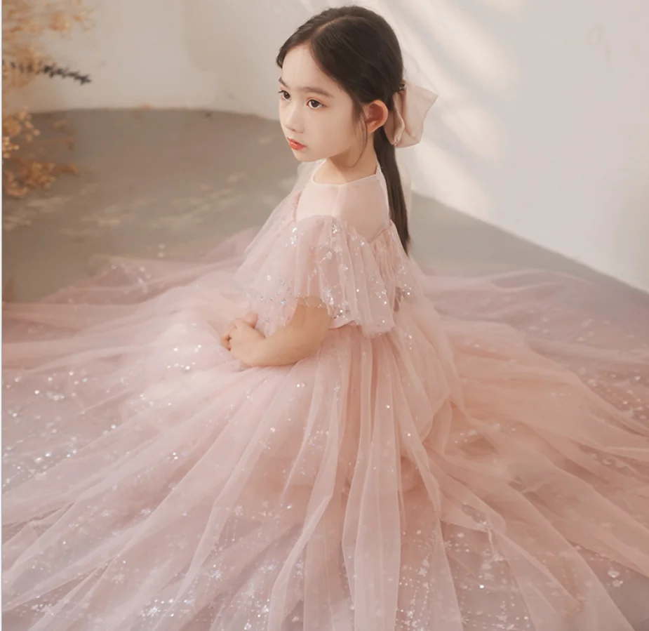 2022 New Girls Flower Girl Dress Birthday Party Sweet Host Banquet Piano Costume Class Reunion Lace Can Be Customized