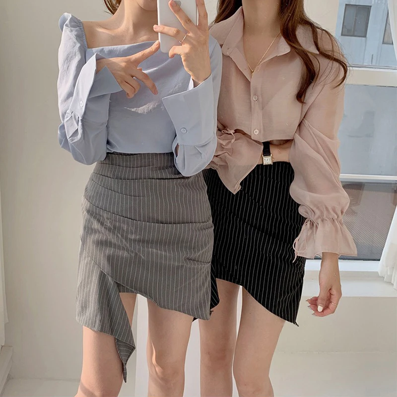 

2021 Asymmetrical S-Xl New Plus Size Summer Short Skirts Korean Skirt Women High Waist School Girl Solid Vintage Skirt Ple