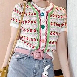 

Korean version of 2021 summer new slim summer short sleeve printed knitted cardigan jacket women Button Regular