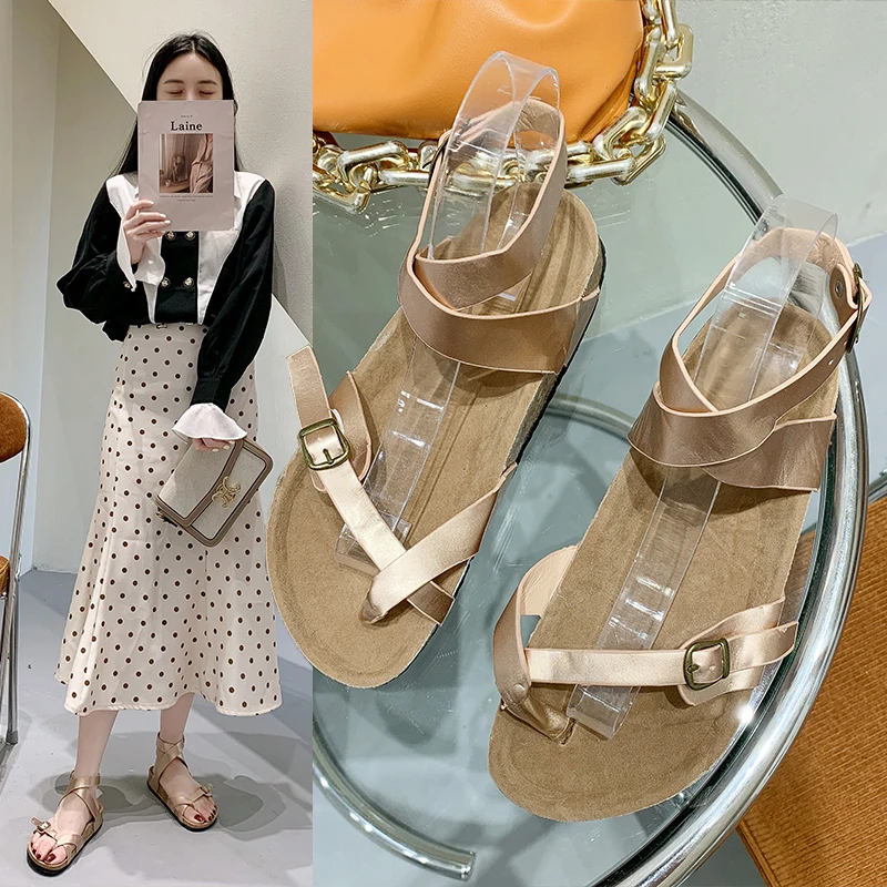 

Women Roman Flat Sandals Summer Lovers Strap Ankle Buckle Leather Cork Beach Sandals Plus Size 43 Sandalias Shoes