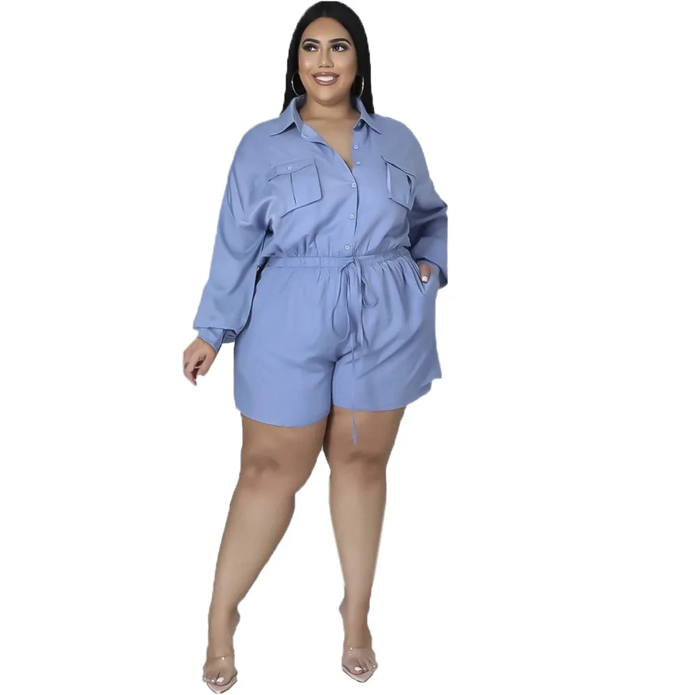 

New Women Casual Cargo Jumpsuits Plus Size Turn Down Neck Long Sleeves Pockets Sash Loose Lady Short Playsuits Plus Size