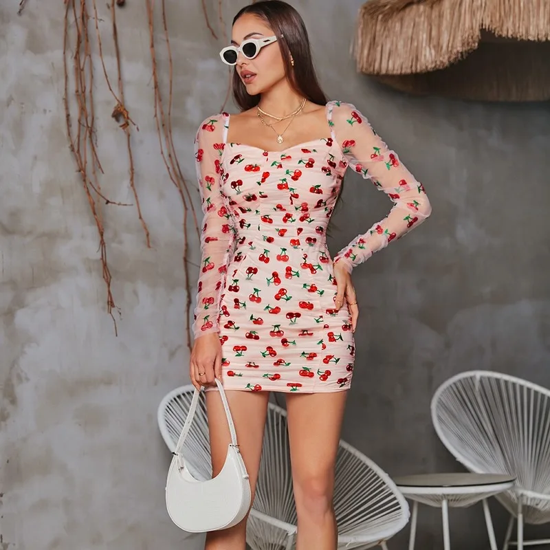 

Kawaii Women Dress 2021 New Cherry Print Chiffon Dress Fashion Square Collar Casual Ladies Dresses Sexy Mini Dress Pink Dress