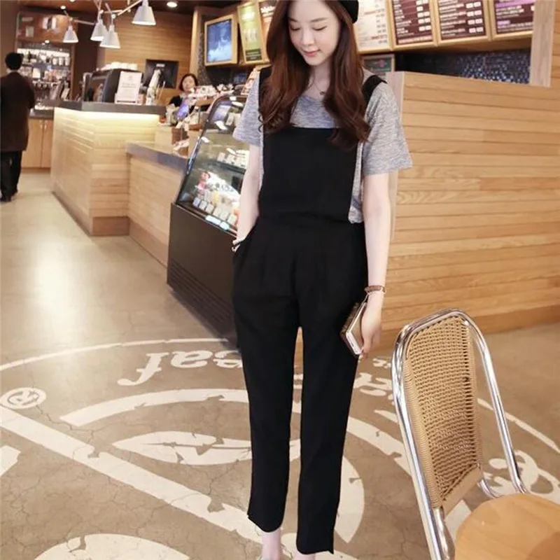 Women Vintage Overalls Femme Jumpsuits Ankle Length Solid Color Casual Split Jumpsuits With Pockets Long Trousers
