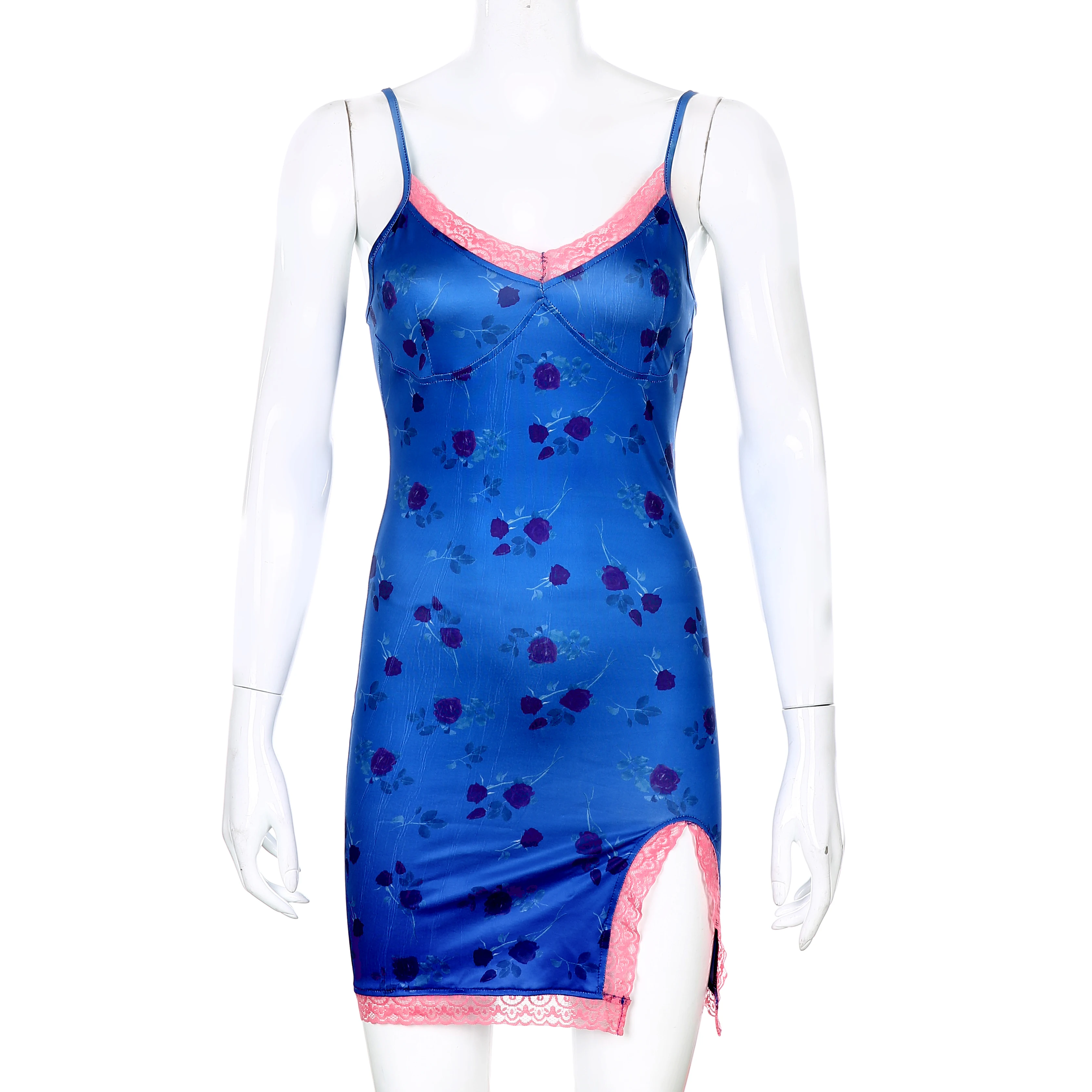

Blue Floral Print Summer Slip Dress Women Lace Patchwork Cami Dress Spaghetti Backless Sexy Sundress Party Split 2020