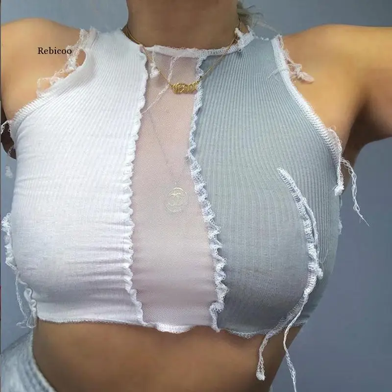 

Women Patchwork Casual Tank Top Y2K Female See Through Crop Tops Ribbed Soft Fabirc Sleeveless Party Club Summer Vest Basic