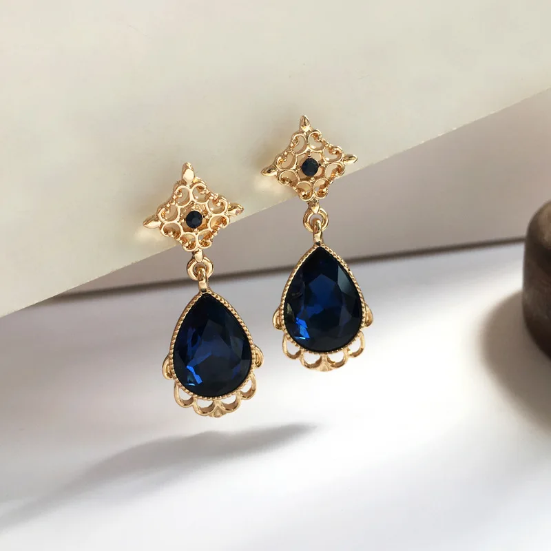 

S925 needle Popular Jewelry Earrings Trend Hollow Metal Golden Plating With Blue Teardrop Glass Earrings Female Jewelry Gifts