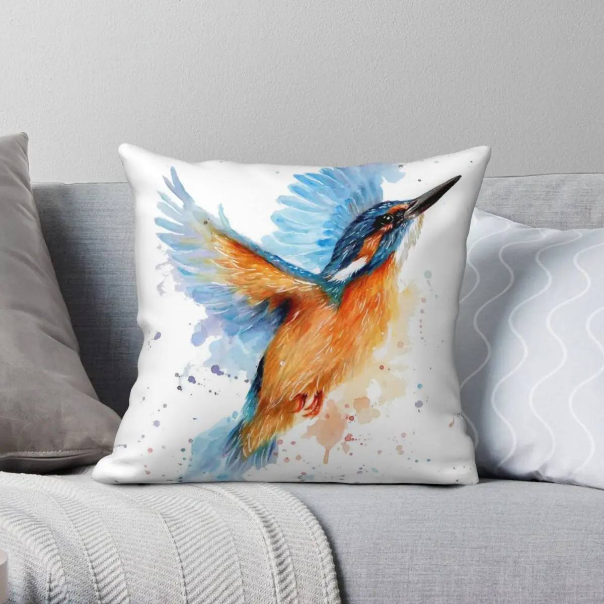 

Kingfisher Watercolour Square Pillowcase Polyester Linen Velvet Printed Zip Decor Pillow Case Bed Cushion Cover