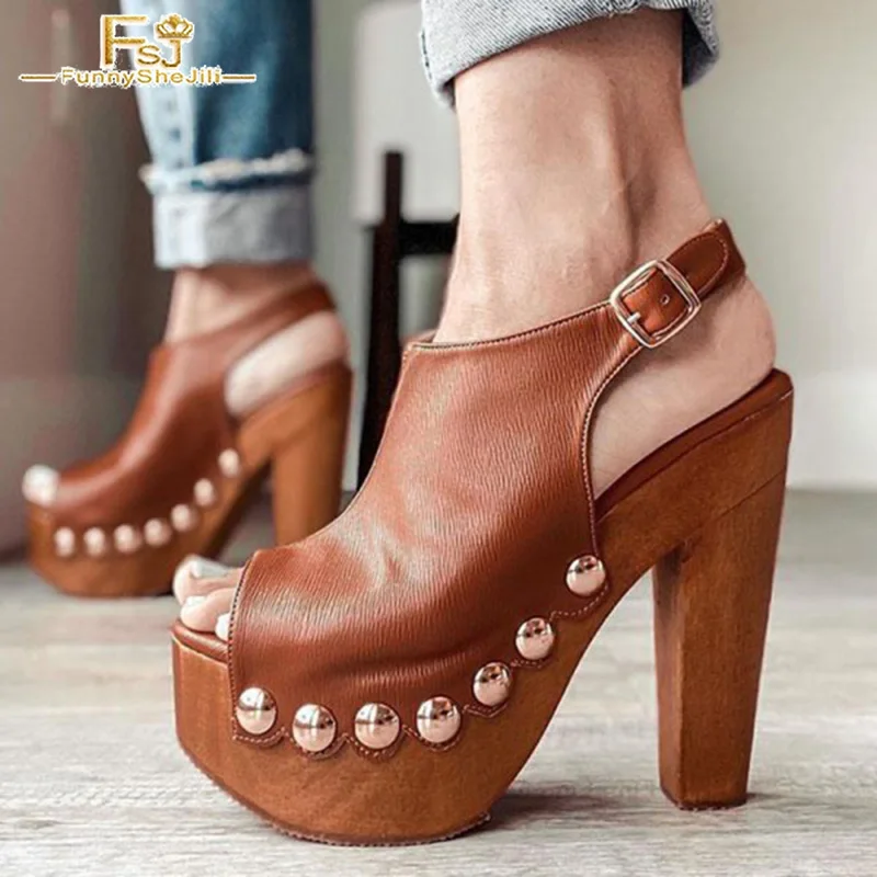 

FSJ Fashion Brown Open Toe Rivets Platform Women Ankle Boots Chunky Heel Buckle Slingback Lady Party Date botas de mujer 2021