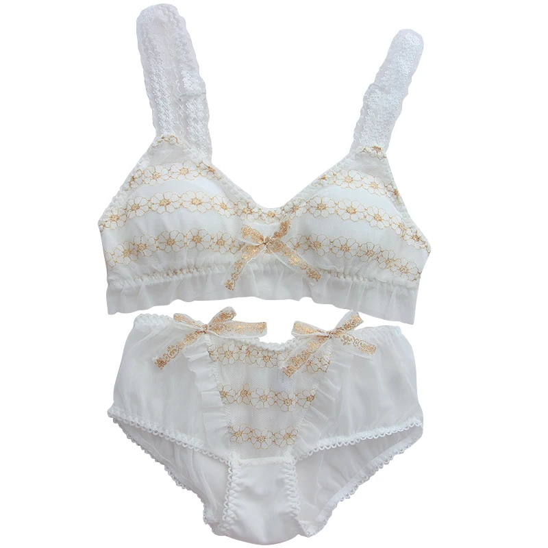 

New French Retro Fairy Sexy Sweet Flower Embroidery Cute Underwear Soft Girl Embroidery Ruffles Lace Thin No Steel Ring Bra Set