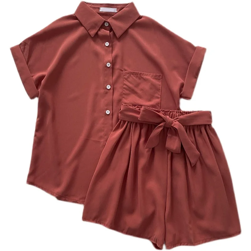 

Kimutomo Summer Women Suit 2021 New Fashion Korean Turn Down Collar Short Sleeve Loose Shirt + High Waist Lace Up Solid Shorts