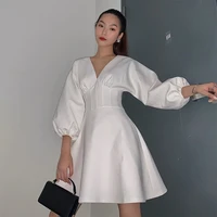 2022 puff sleeve skirt autumn sexy v neck fold waist womens dress white high temperament short big swing dress