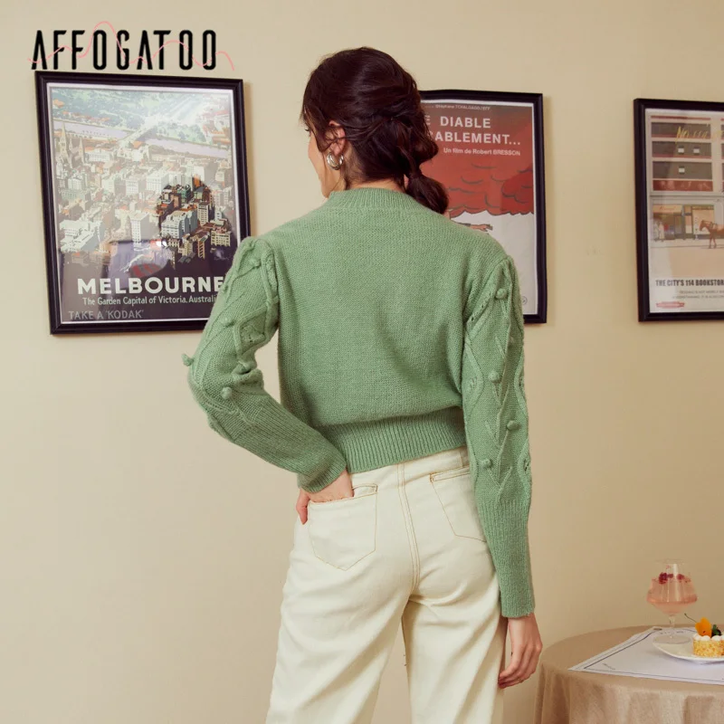 Affogatoo Casual turtleneck hairball women sweater Autumn winter lantern sleeve knitted female Streetwear lady pullover | Женская одежда