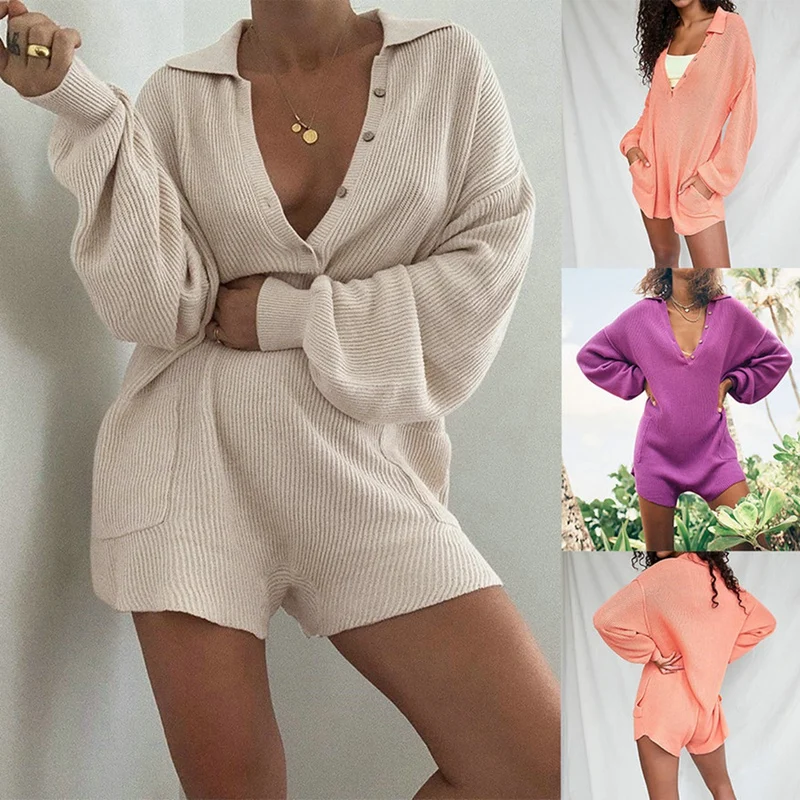 

Hot Kf-Women's Fashion Sexy Low-Cut Lapel Solid Color Pocket Jumpsuit