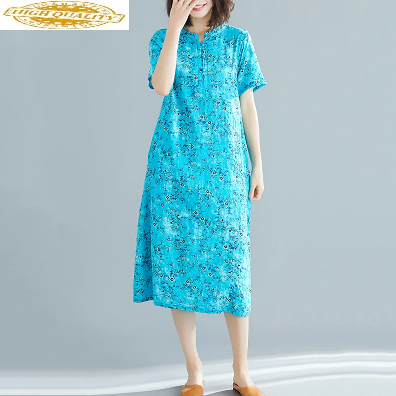 Летнее платье из хлопка и льна женское Повседневное с цветочным рисунком