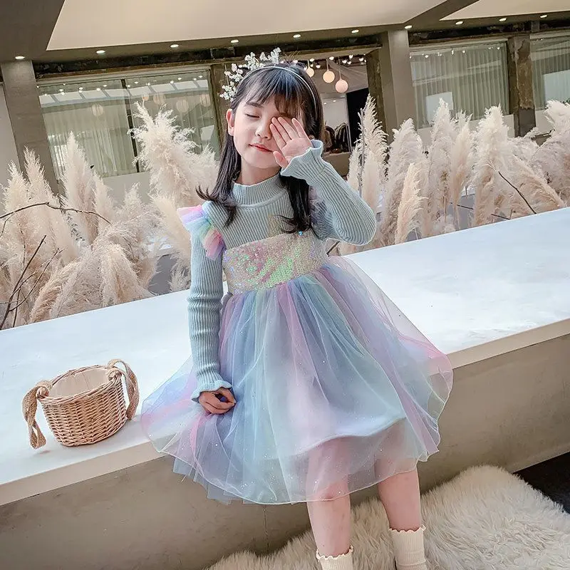 

Girls Rainbow Mesh Princess Dresses Bling Long Sleeve Solid Children Clothing 1-9 Years Old Spring and Autumn Kids Clothes
