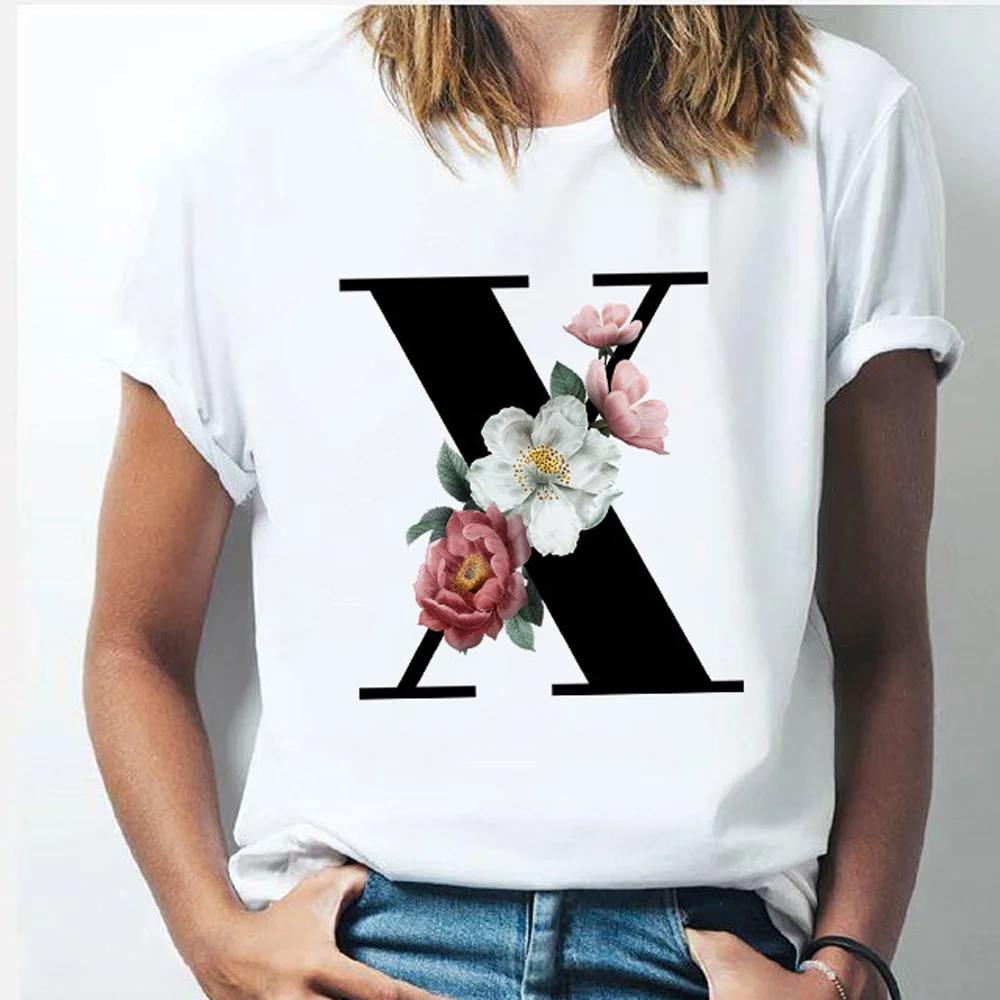 

ICCLEK Summer 26 alphabet Letter Printed Women T-shirt Flower Print Female Casual Short Sleeve Tee Korean Style Tops New