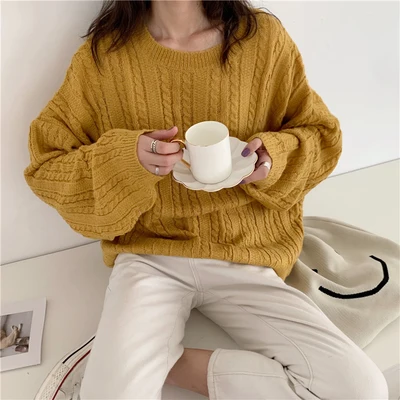 Зимний корейский ulzzang Harajuku винтажный простой свитер с длинными рукавами однотонный Модный повседневный женский свитер с круглым вырезом - Цвет: yellow