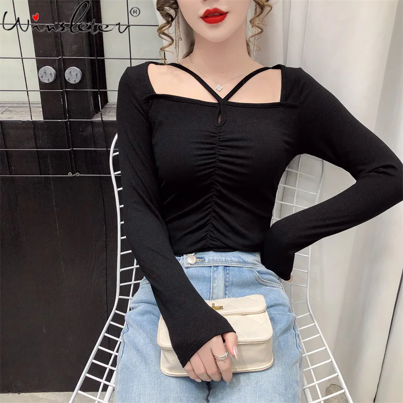 

Spring Summer Cotton European Style T-Shirt Girls Sexy Cross Drape Hollow Out Women Tops Long Sleeve All Match Tees 2021 T12201A