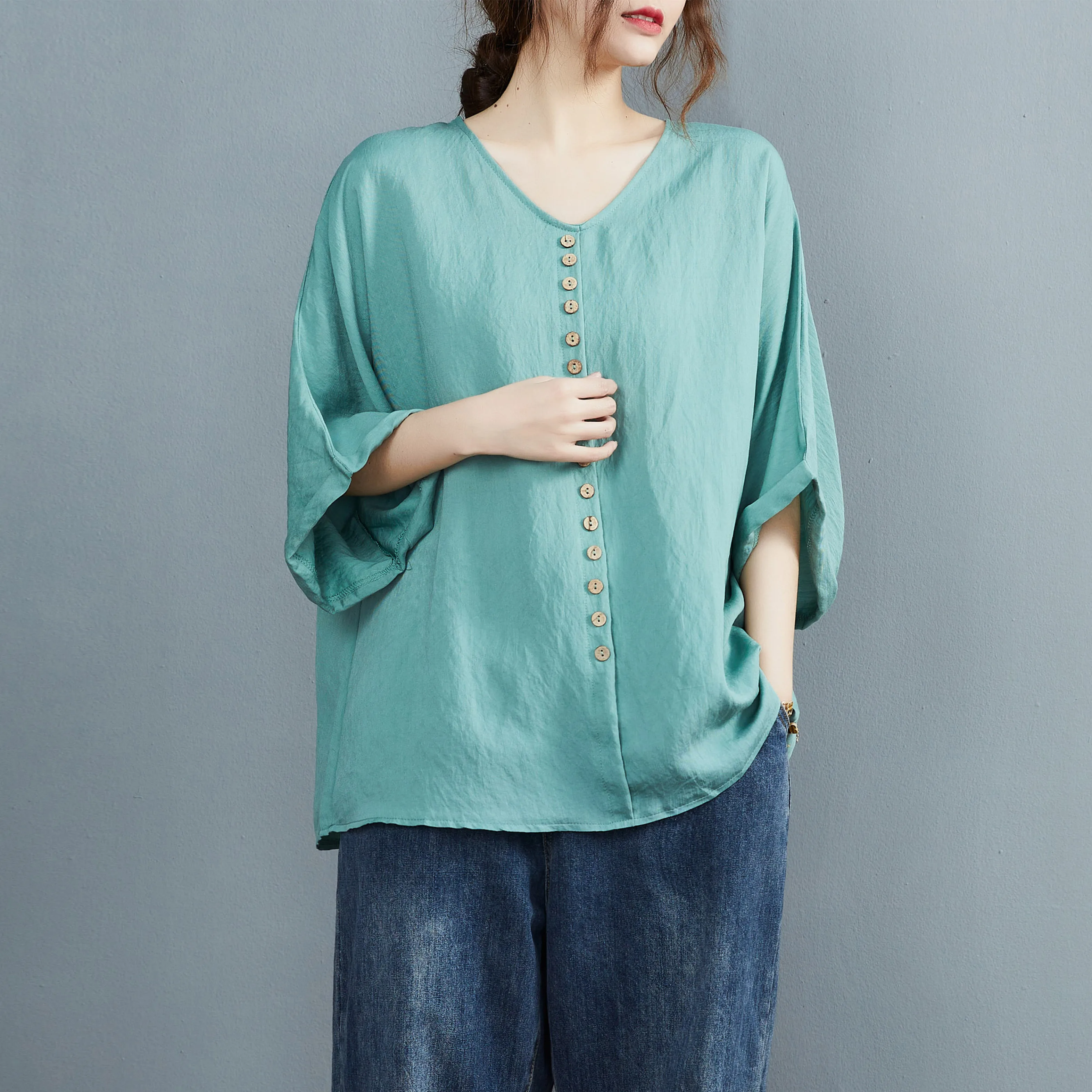 

DIMANAF 2021 Summer Plus Size Women T-shirt Linen Bat Sleeves Solid V-Neck Loose Casual Buttons Tops Large New Oversize Tees