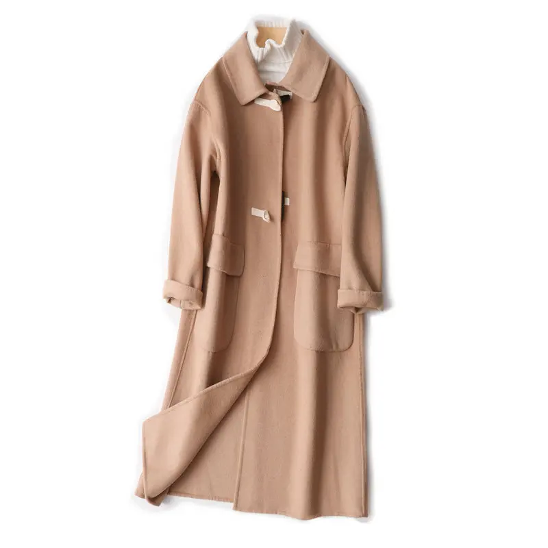 Женское длинное кашемировое пальто свободное однотонное из 100% шерсти