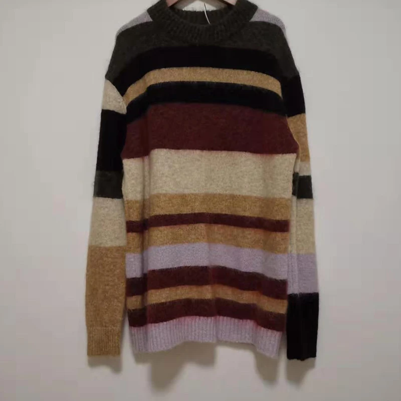 Woman Rainbow Striped Mohair Sweater Loose Long sleeve women sweater Round Neck Pullover Crop | Женская одежда